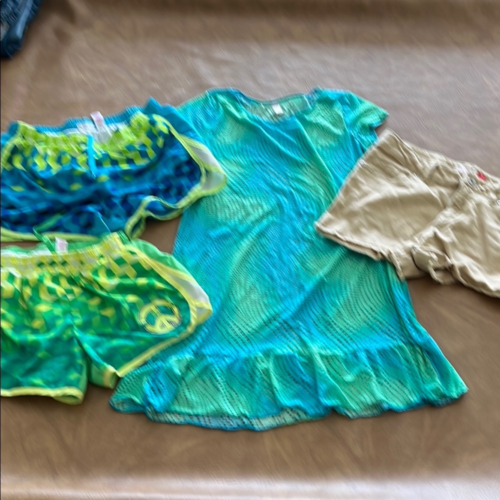Girls shorts & swimsuit coverup size 14. Blue & Green. Brands are Justice & SO.